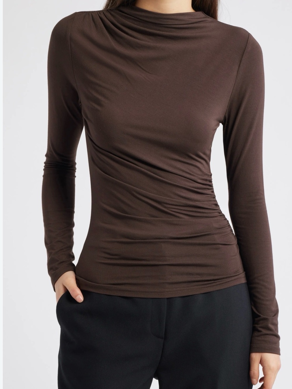 Enza Costa Chocolate Brown Ruched Mock Neck Long Sleeve Top
